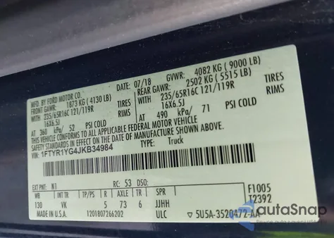 2018 Ford Transit-250 z USA, uszkodzony, nr VIN 1FTYR1YG4JKB34984